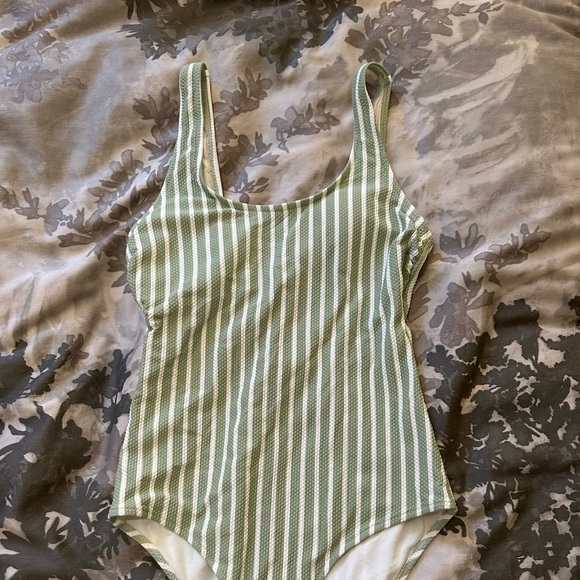 Green and white striped one-piece bathing suit - Picture 2 of 5